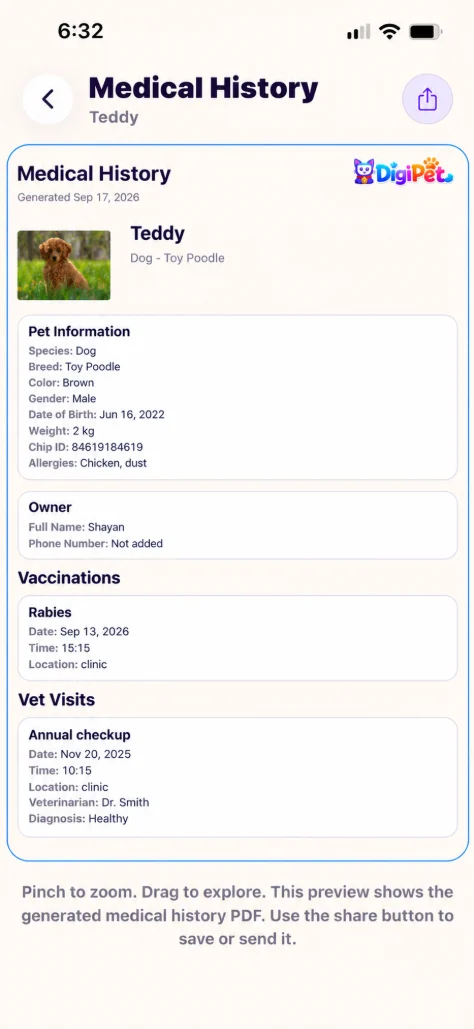 DigiPet medical history PDF preview